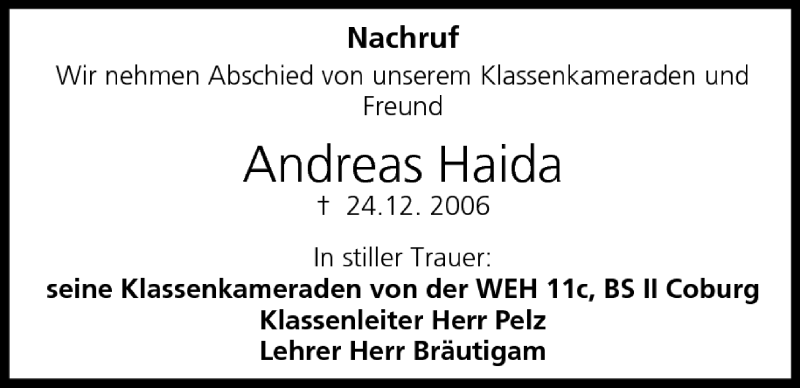  Traueranzeige für Andreas Haida vom 04.01.2007 aus MGO