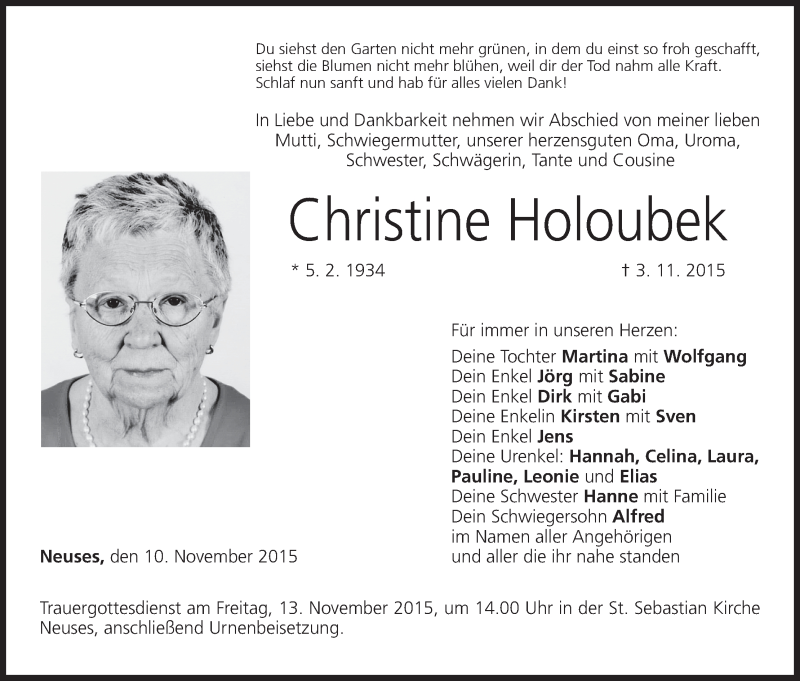  Traueranzeige für Christine Holoubek vom 10.11.2015 aus MGO
