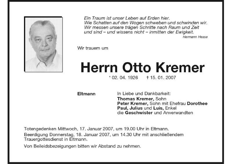  Traueranzeige für Otto Kremer vom 16.01.2007 aus MGO