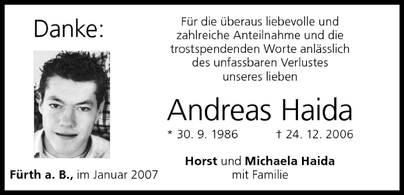  Traueranzeige für Andreas Haida vom 20.01.2007 aus MGO