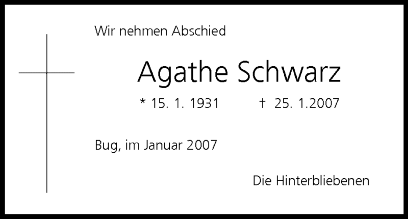  Traueranzeige für Agathe Schwarz vom 27.01.2007 aus MGO