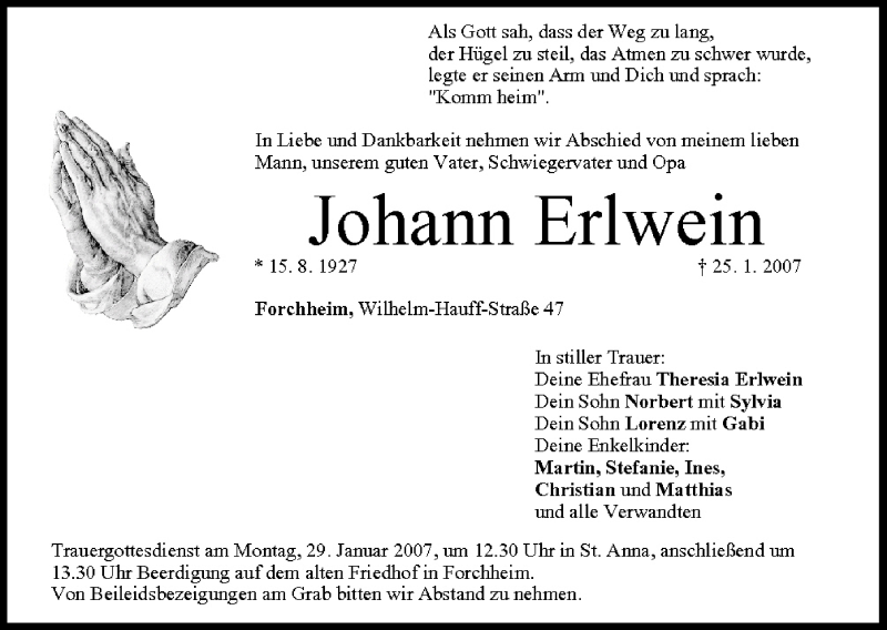  Traueranzeige für Johann Erlwein vom 27.01.2007 aus MGO