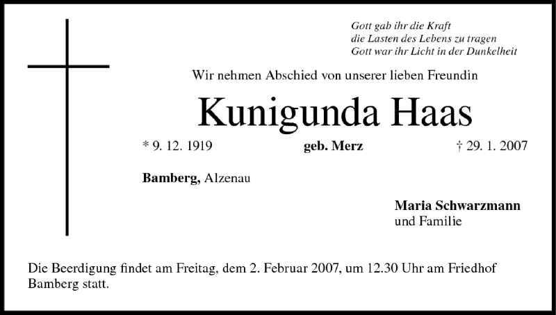  Traueranzeige für Kunigunda Haas vom 31.01.2007 aus MGO