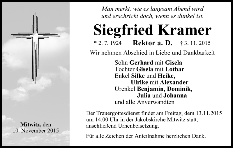  Traueranzeige für Siegfried Kramer vom 10.11.2015 aus MGO