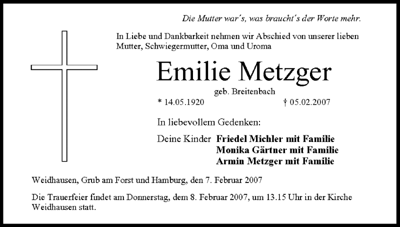  Traueranzeige für Emilie Metzger vom 07.02.2007 aus MGO