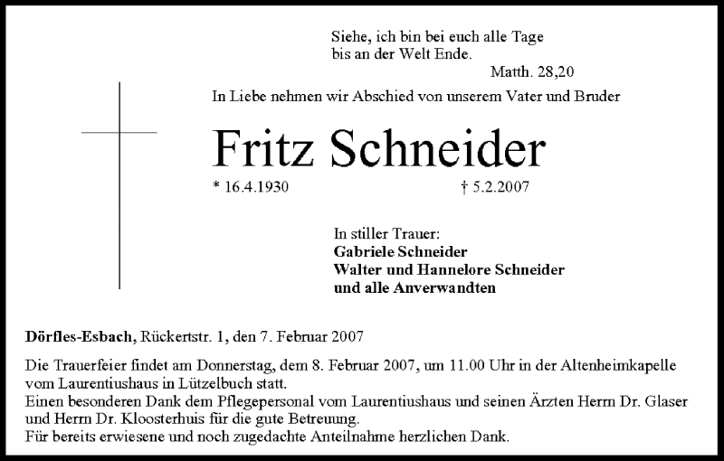  Traueranzeige für Fritz Schneider vom 07.02.2007 aus MGO