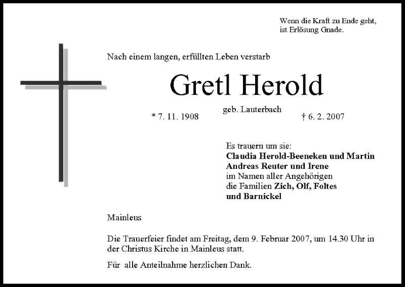  Traueranzeige für Gretl Herold vom 08.02.2007 aus MGO