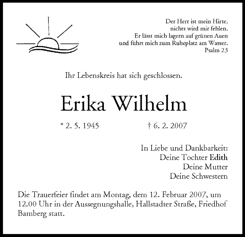  Traueranzeige für Erika Wilhelm vom 08.02.2007 aus MGO