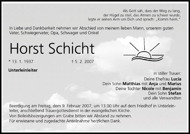  Traueranzeige für Horst Schicht vom 08.02.2007 aus MGO