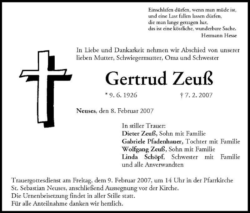  Traueranzeige für Gertrud Zeuß vom 08.02.2007 aus MGO
