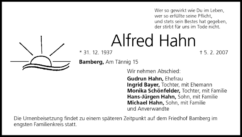  Traueranzeige für Alfred Hahn vom 08.02.2007 aus MGO