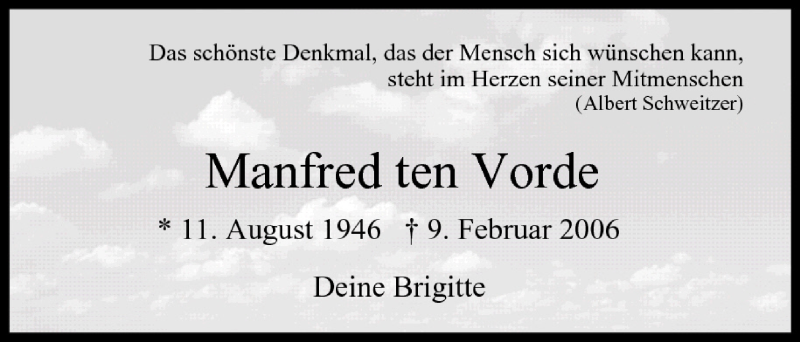  Traueranzeige für Manfred ten Vorde vom 09.02.2007 aus MGO