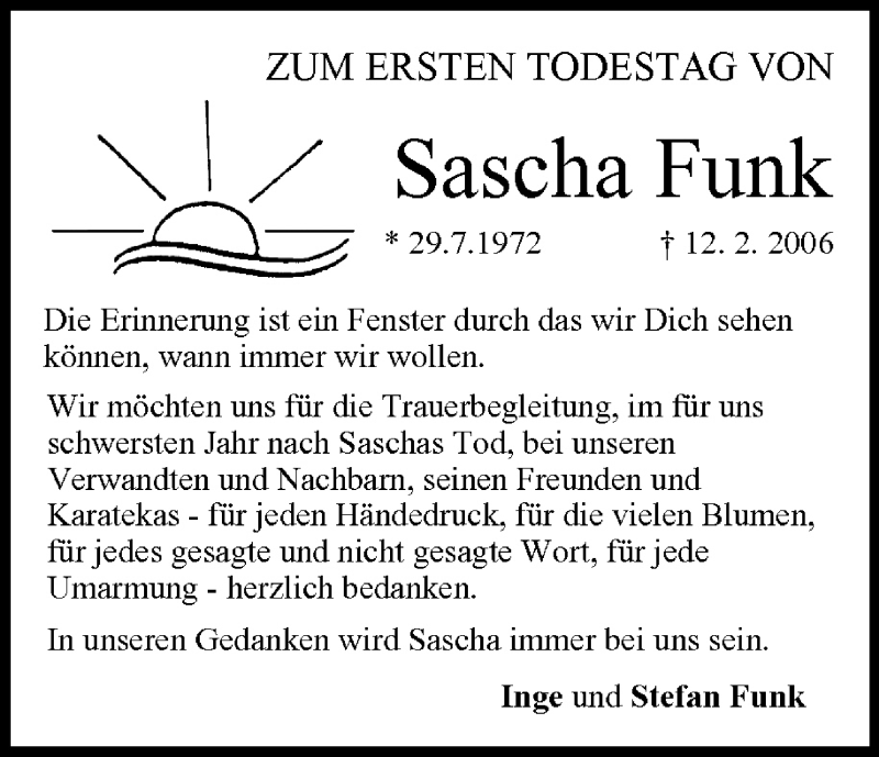  Traueranzeige für Sascha Funk vom 12.02.2007 aus MGO
