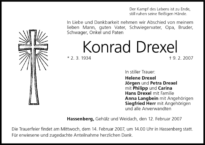  Traueranzeige für Konrad Drexel vom 12.02.2007 aus MGO