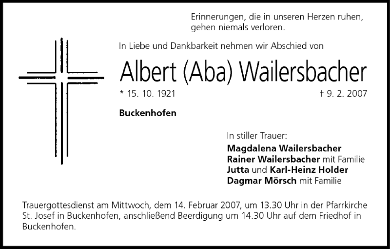  Traueranzeige für Albert Wailersbacher vom 13.02.2007 aus MGO