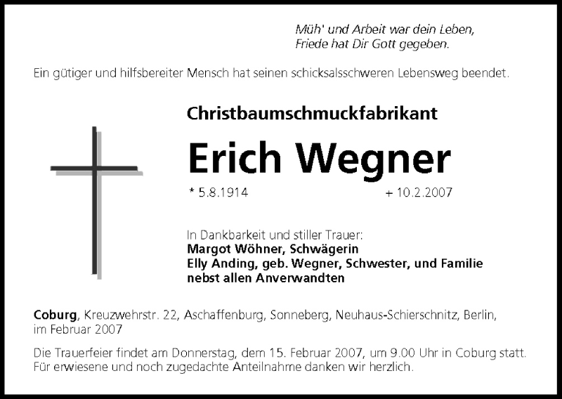  Traueranzeige für Erich Wegner vom 13.02.2007 aus MGO