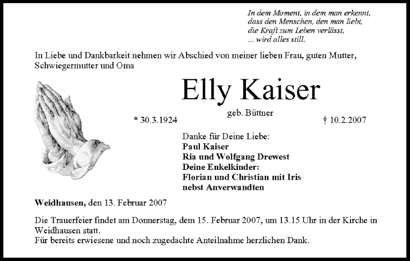 Traueranzeige für Elly Kaiser vom 13.02.2007 aus MGO
