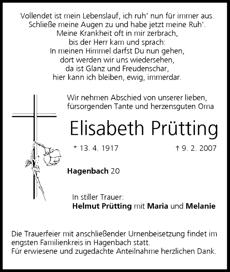  Traueranzeige für Elisabeth Prütting vom 14.02.2007 aus MGO