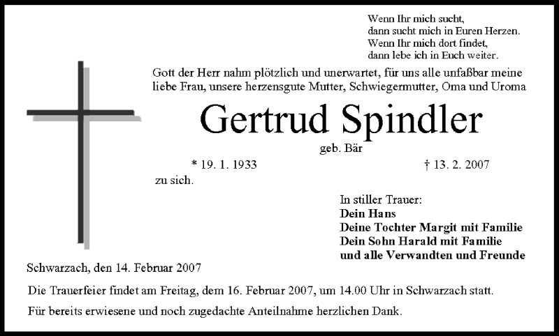 Traueranzeige für Gertrud Spindler vom 14.02.2007 aus MGO