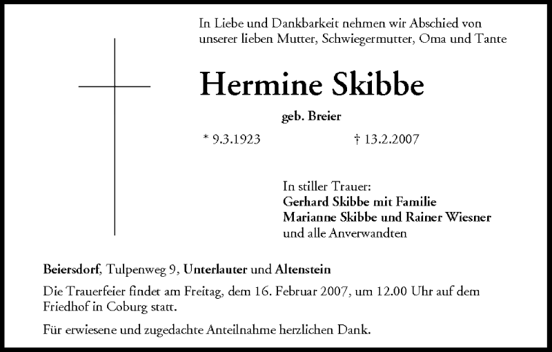  Traueranzeige für Hermine Skibbe vom 15.02.2007 aus MGO