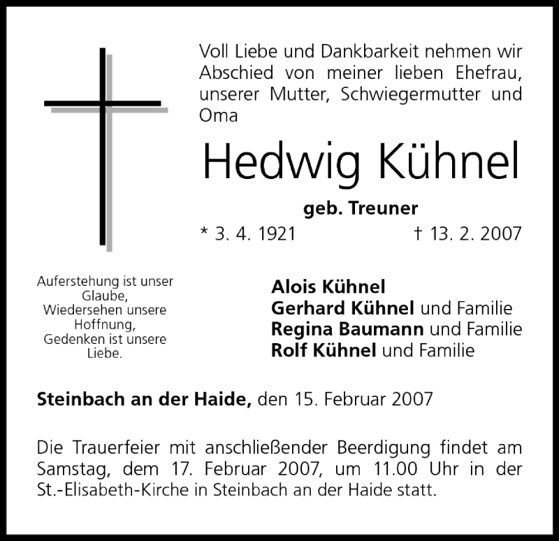 Traueranzeige für Hedwig Kühnel vom 15.02.2007 aus MGO