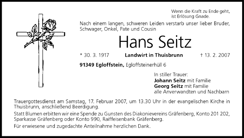  Traueranzeige für Hans Seitz vom 15.02.2007 aus MGO