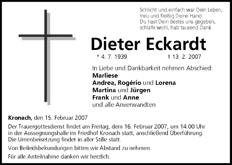  Traueranzeige für Dieter Eckardt vom 15.02.2007 aus MGO