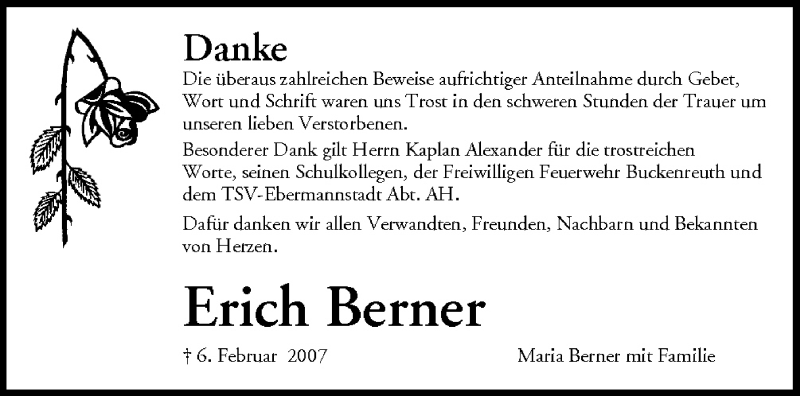  Traueranzeige für Erich Berner vom 17.02.2007 aus MGO