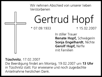 Anzeige von Gertrud Hopf von MGO