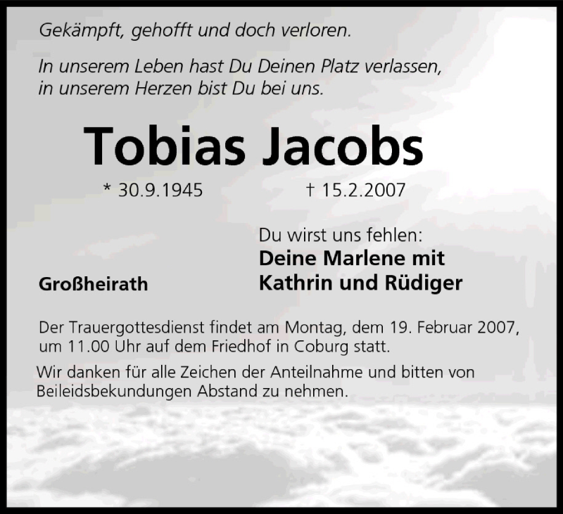 Tobias Jacobs | Traueranzeige | Trauer.inFranken.de