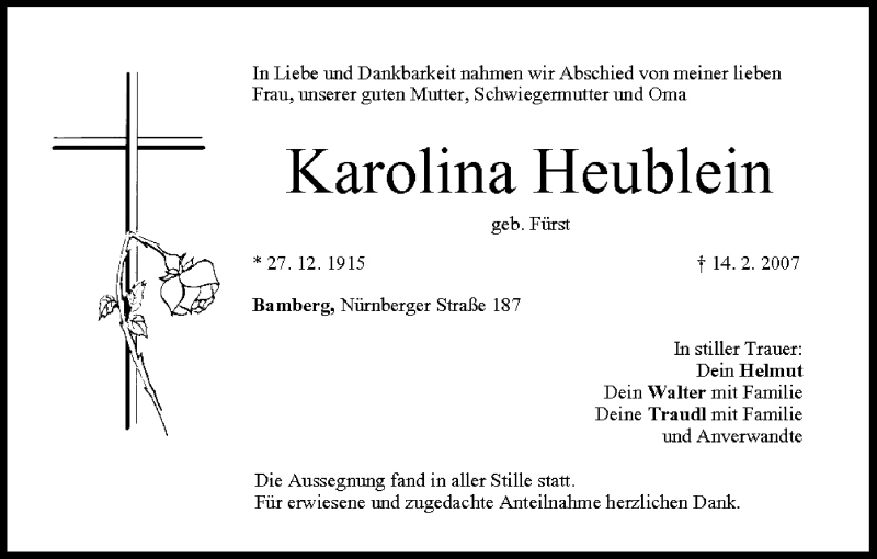  Traueranzeige für Karolina Heublein vom 20.02.2007 aus MGO