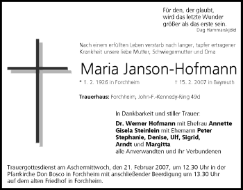 Anzeige von Maria Janson-Hofmann von MGO