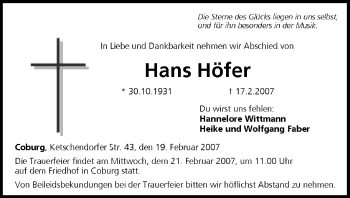 Anzeige von Hans Höfer von MGO