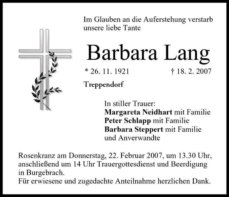  Traueranzeige für Barbara Lang vom 19.02.2007 aus MGO