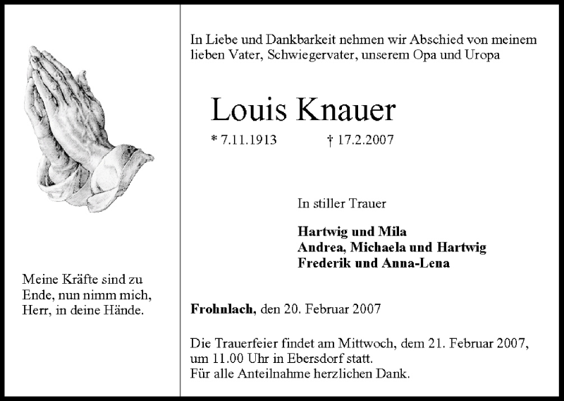 Traueranzeige für Louis Knauer vom 20.02.2007 aus MGO