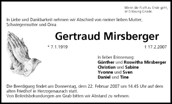Anzeige von Gertraud Mirsberger von MGO