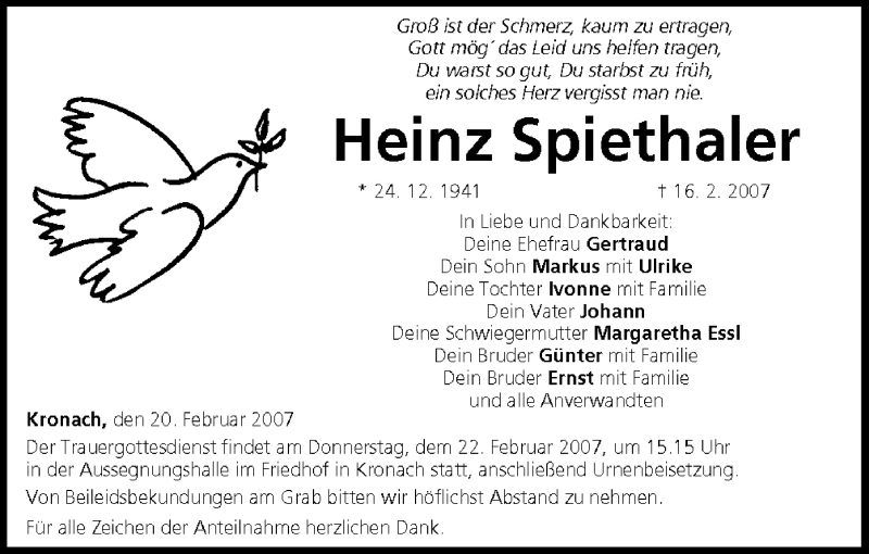  Traueranzeige für Heinz Spiethaler vom 20.02.2007 aus MGO