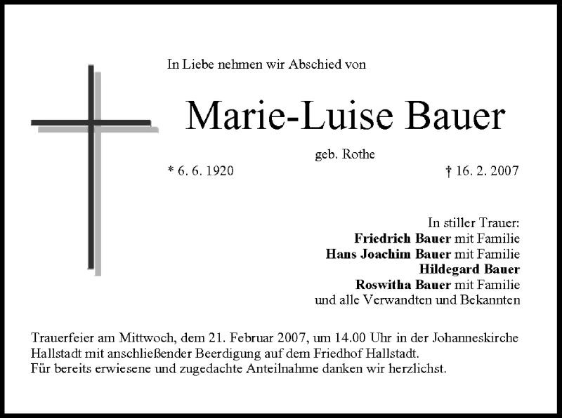  Traueranzeige für Marie-Luise Bauer vom 20.02.2007 aus MGO