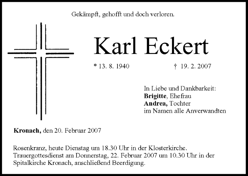  Traueranzeige für Karl Eckert vom 20.02.2007 aus MGO
