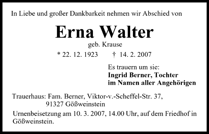  Traueranzeige für Erna Walter vom 21.02.2007 aus MGO