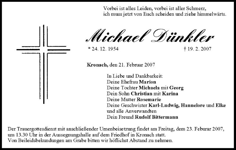  Traueranzeige für Michael Dünkler vom 21.02.2007 aus MGO