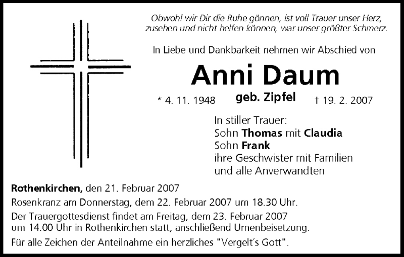  Traueranzeige für Anni Daum vom 21.02.2007 aus MGO