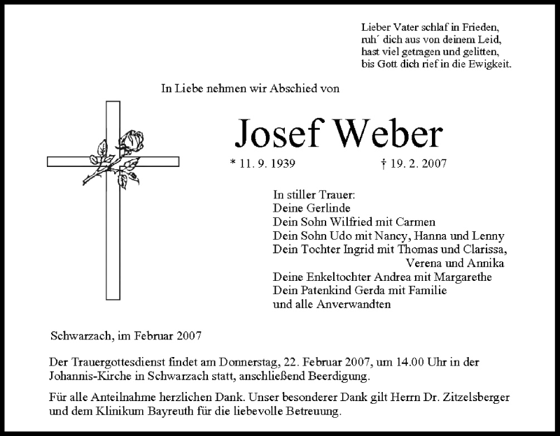  Traueranzeige für Josef Weber vom 21.02.2007 aus MGO