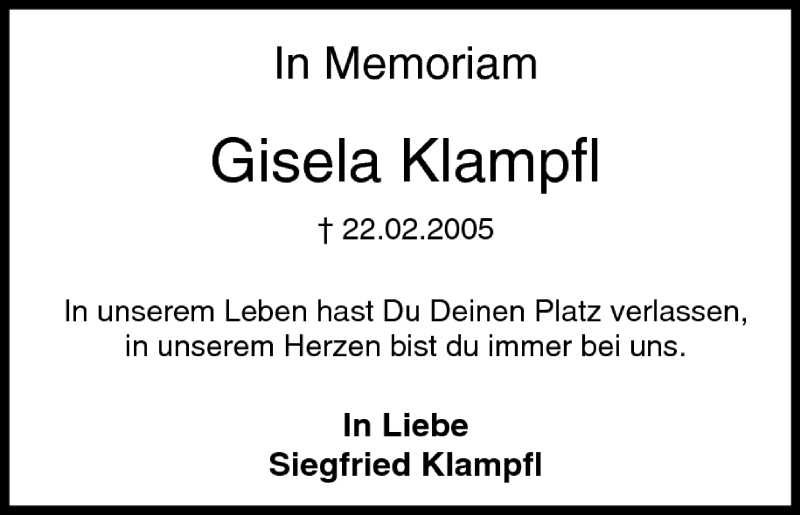  Traueranzeige für Gisela Klampfl vom 22.02.2007 aus MGO