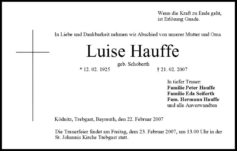  Traueranzeige für Luise Hauffe vom 22.02.2007 aus MGO