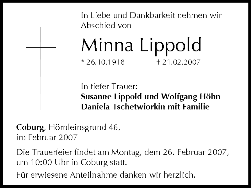  Traueranzeige für Minna Lippold vom 22.02.2007 aus MGO