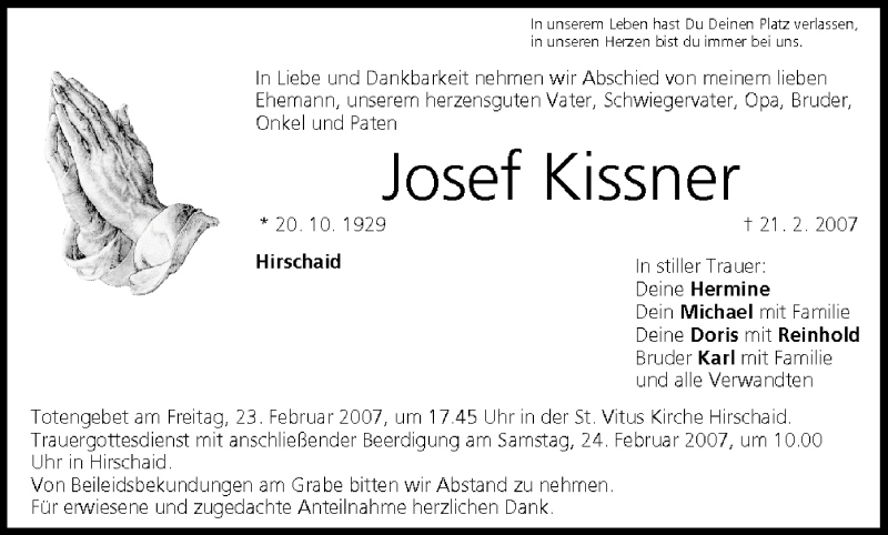  Traueranzeige für Josef Kissner vom 22.02.2007 aus MGO