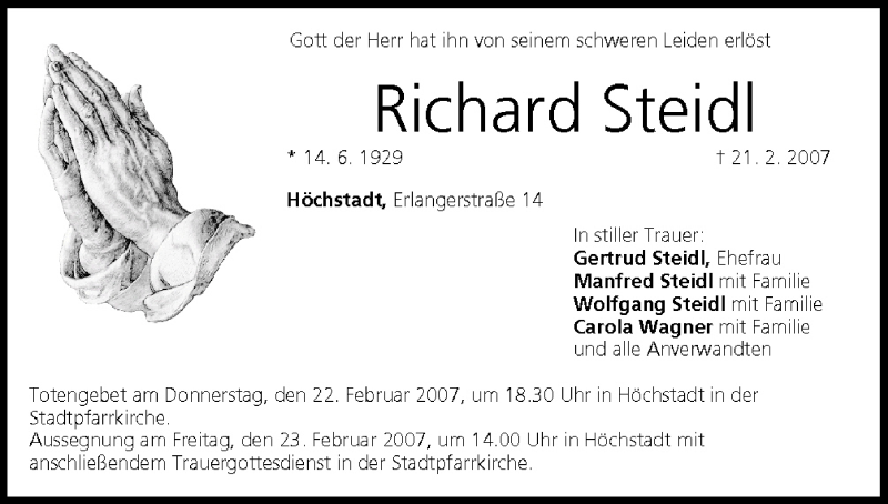  Traueranzeige für Richard Steidl vom 22.02.2007 aus MGO
