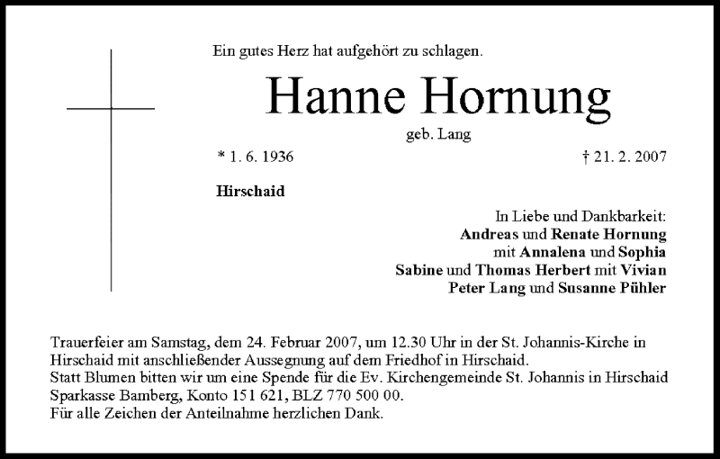  Traueranzeige für Hanne Hornung vom 23.02.2007 aus MGO