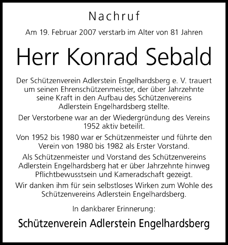  Traueranzeige für Konrad Sebald vom 23.02.2007 aus MGO